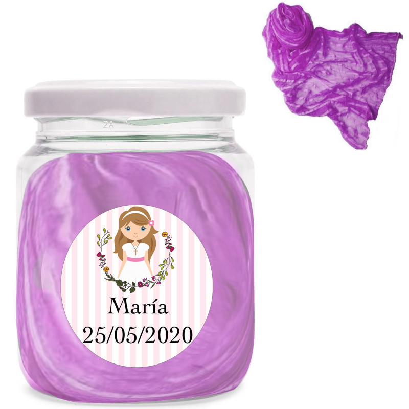 Pañuelo morado cuello en tarro de regalo con adhesivo para comunión personalizado