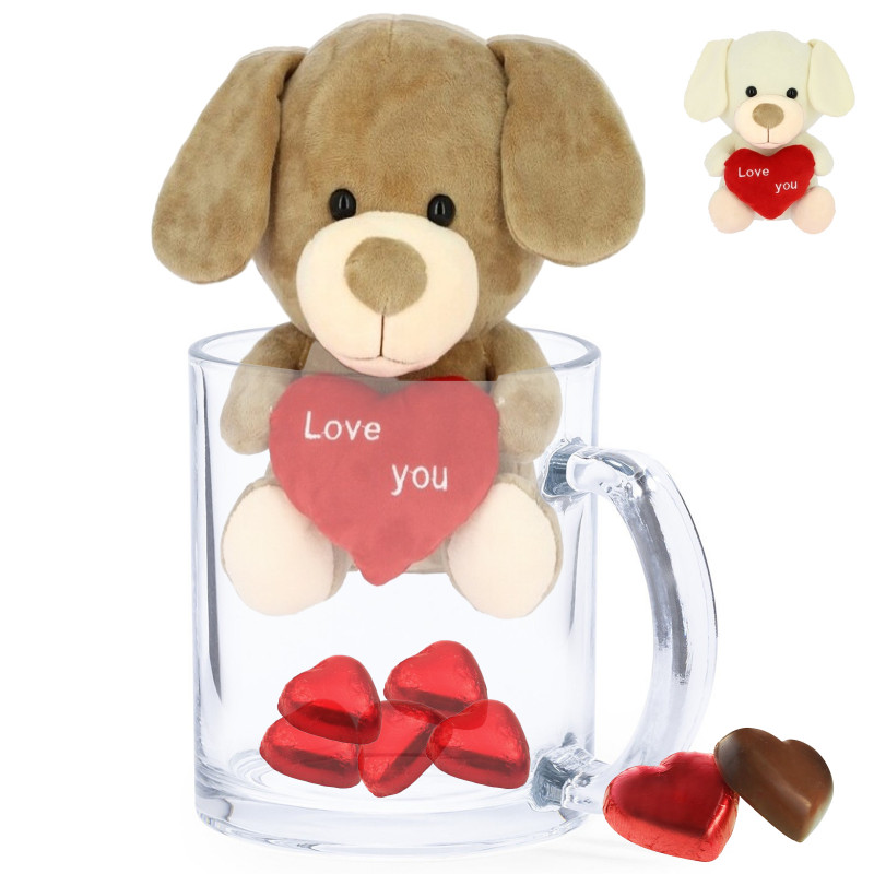 Peluche perrito con bombones de chocolate en taza transparente para regalar en san valentín