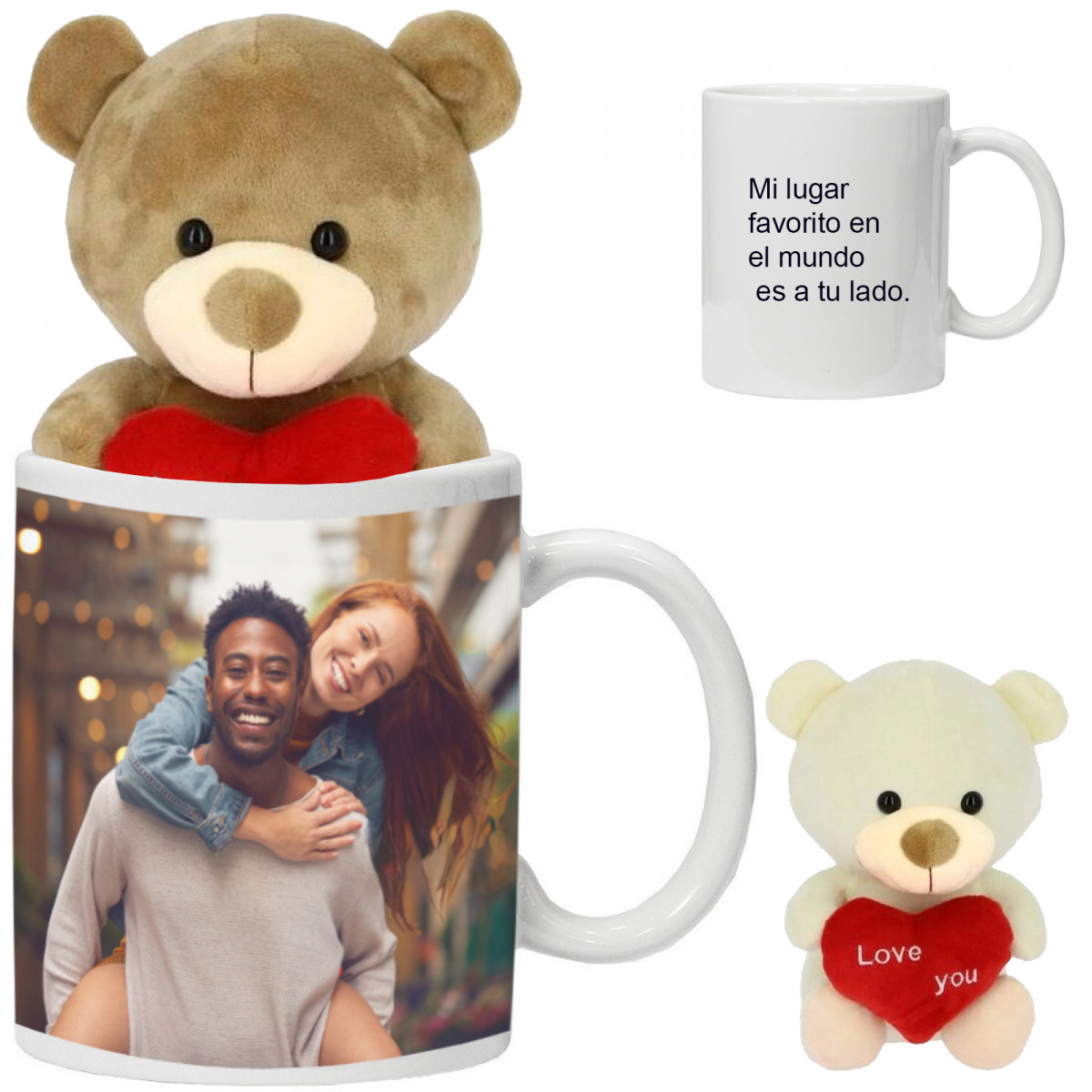 Taza personalizada con foto y texto con peluche en forma de oso para regalo de san valentín