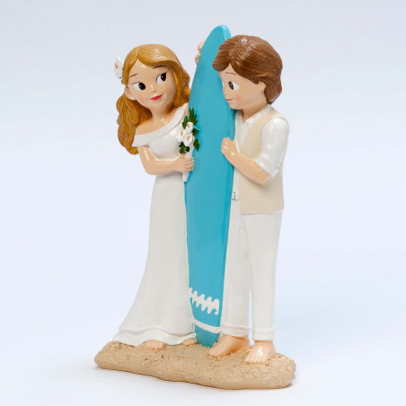 Figura pastel boda en la playa con tabla de surf
