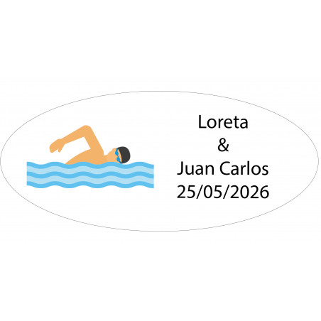 Adhesivo ovalado natación personalizado con nombre y fecha