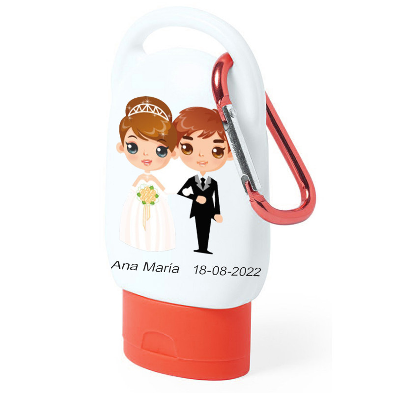 Crema solar en bote pequeño con adhesivo de bodas personalizado