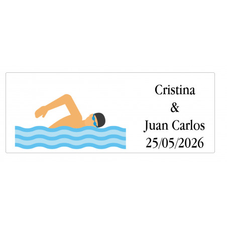 Adhesivo rectangular modelo natación personalizado con nombre y fecha