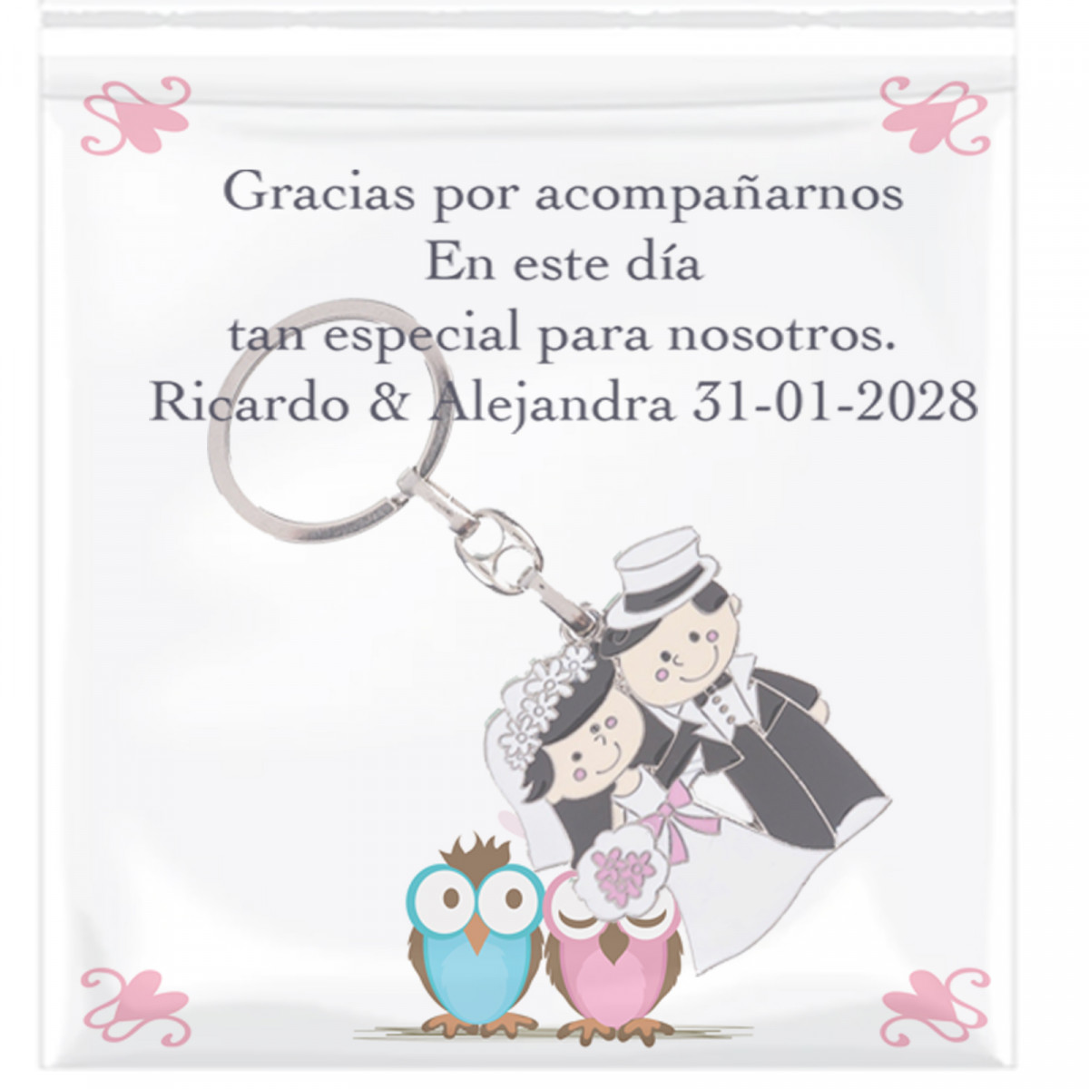 Llavero novios recién casados con tarjeta personalizada