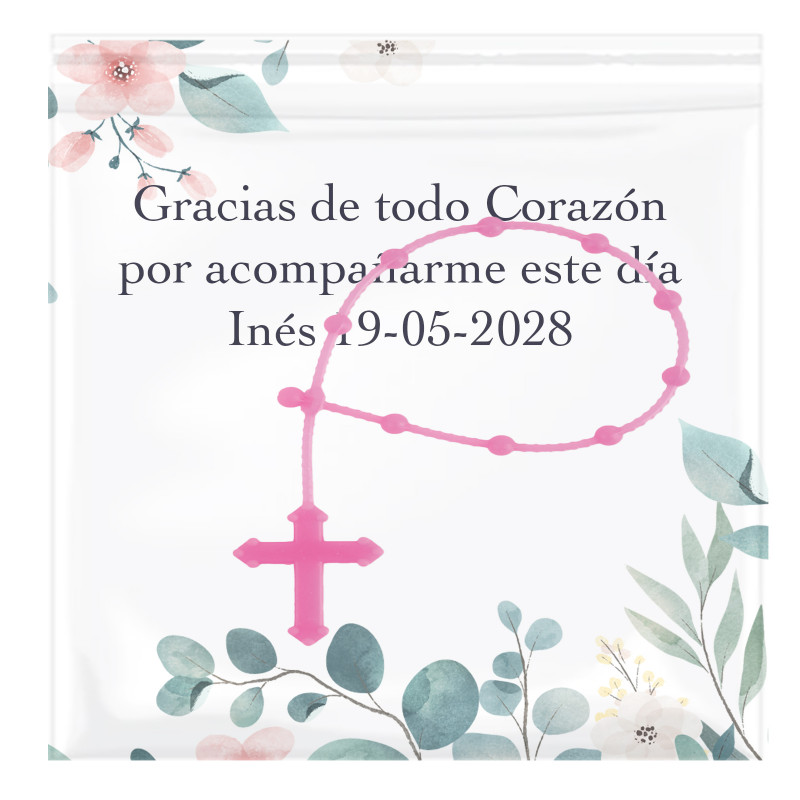 Rosario de goma color rosa presentado con tarjeta personalizada