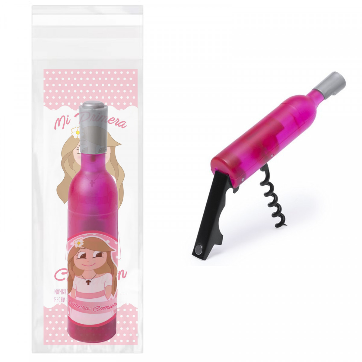Sacacorchos botella rosa con marcapáginas y adhesivo de comunión niña