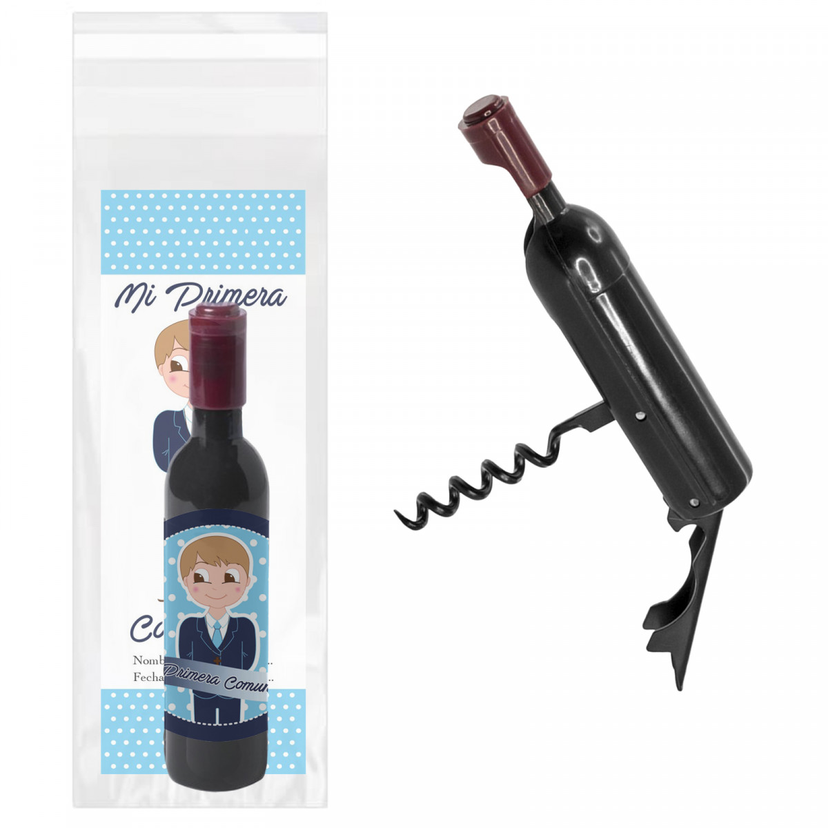 Sacacorchos abridor en forma de botella de vino con marcapáginas de comunión niño