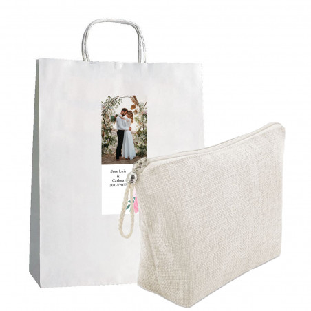 Neceser blanco para mujer con bolsa de regalo y adhesivo personalizable con texto y foto