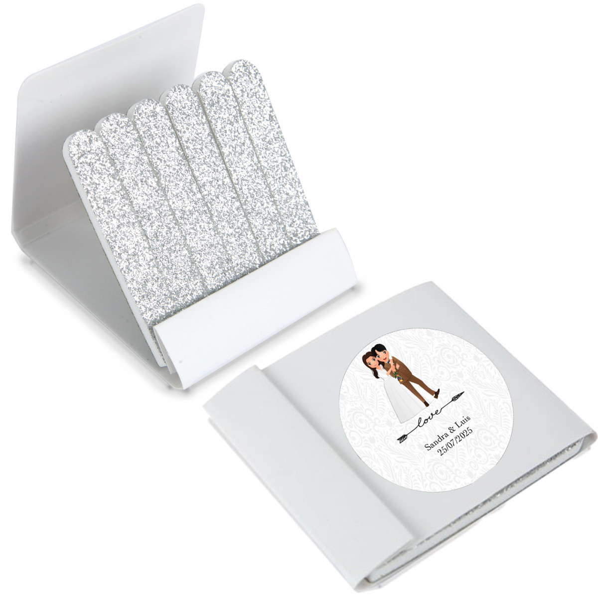 Limas para uñas plateadas en estuche y adhesivo de bodas personalizado