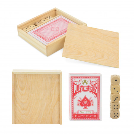 Juego de cartas y dados en caja de madera especial para bodas