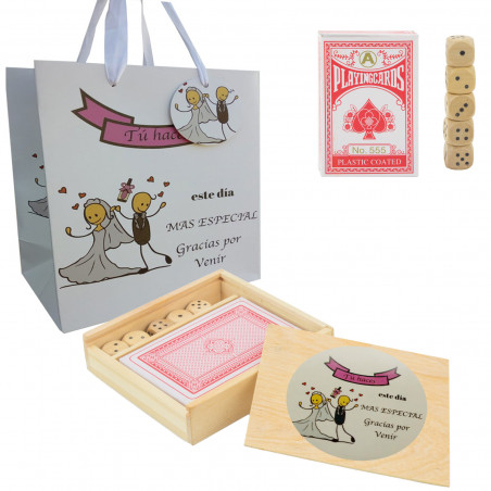 Juego de cartas y dados en caja de madera especial para bodas