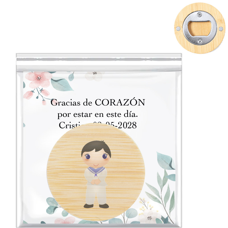 Abridor de botellas con iman presentado con tarjeta personalizable y adhesivo de comunión