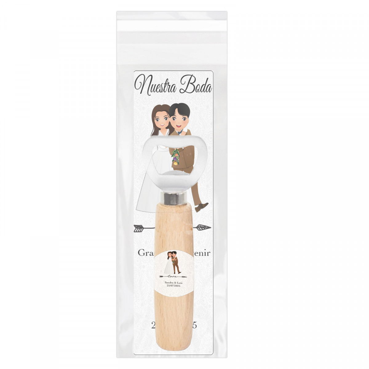 Abridor con mango de madera presentado para bodas personalizado