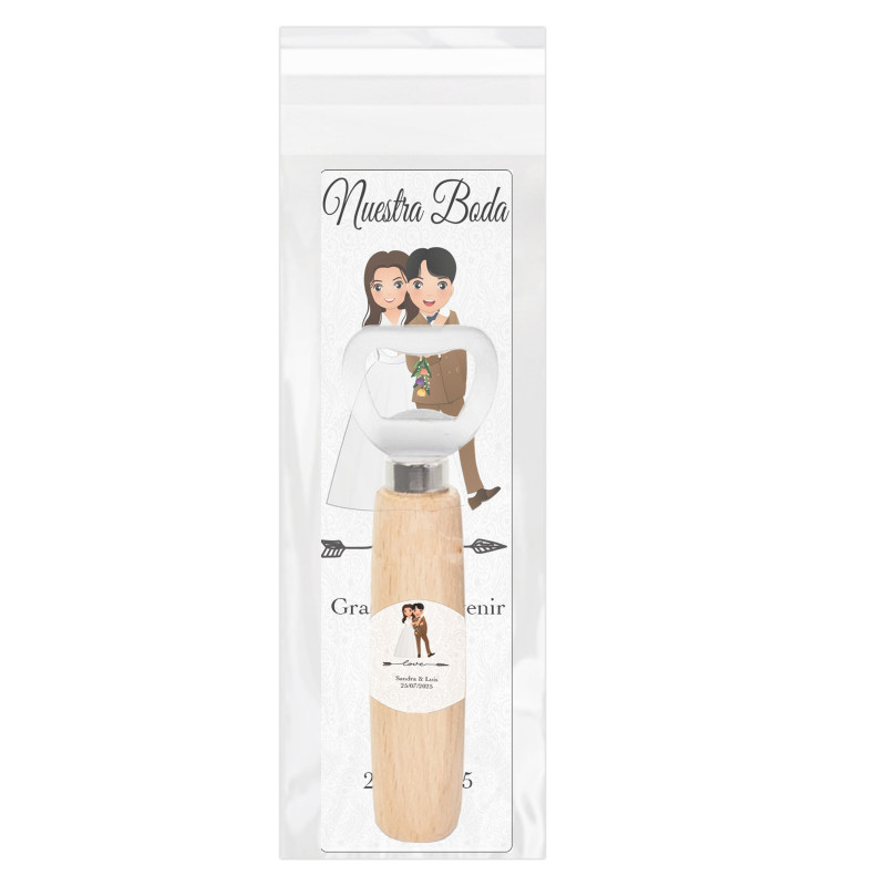 Abridor con mango de madera presentado para bodas personalizado