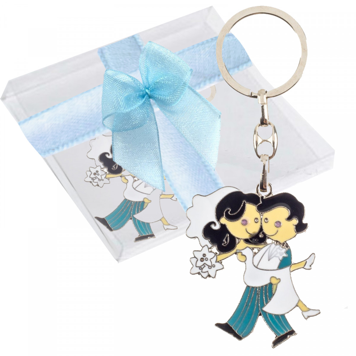 Llavero novios casandose presentado en caja de acetato y cinta de organza
