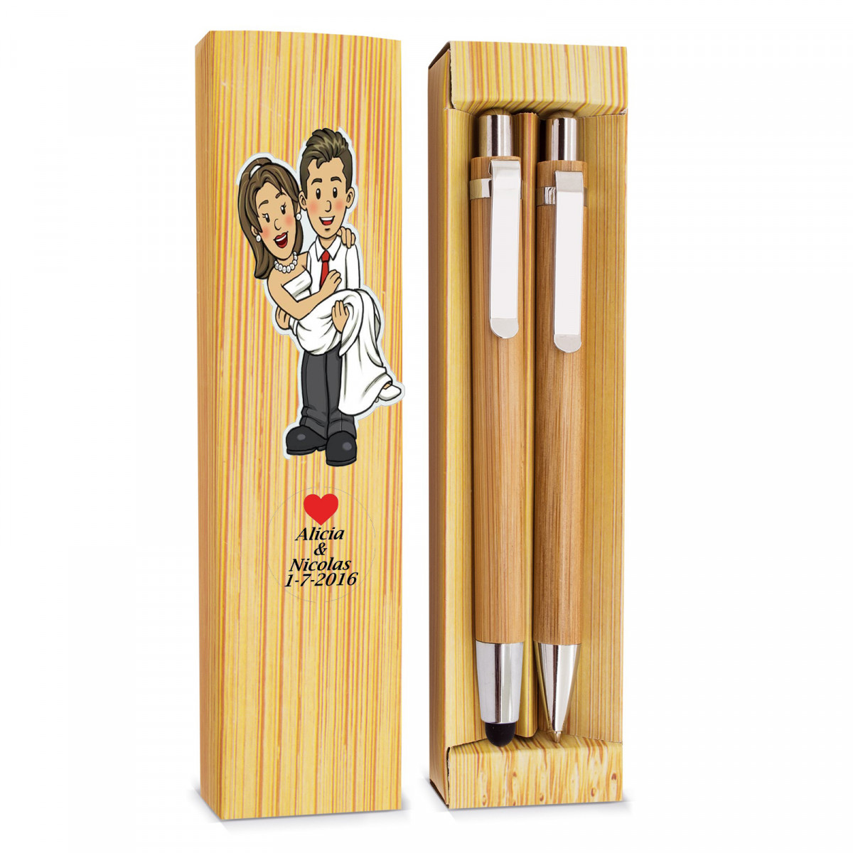 Bolígrafo y portaminas en estuche de cartón para regalar en bodas personalizado