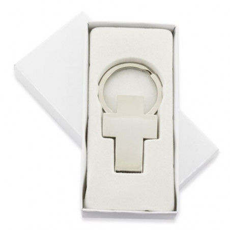 Llavero cruz comunión en caja blanca con adhesivo personalizado