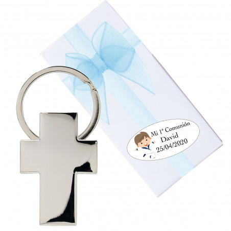 Llavero cruz comunión niño con adhesivo personalizado presentado en caja