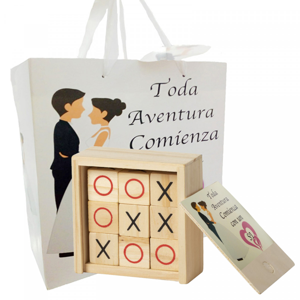 Tres en rayas madera con bolsa de regalo y adhesivo de bodas