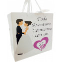 Tres en rayas madera con bolsa de regalo y adhesivo de bodas