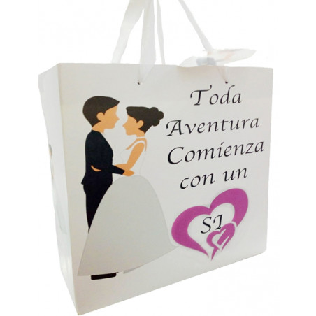 Tres en rayas madera con bolsa de regalo y adhesivo de bodas