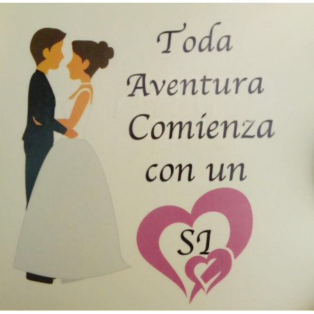 Tres en rayas madera con bolsa de regalo y adhesivo de bodas