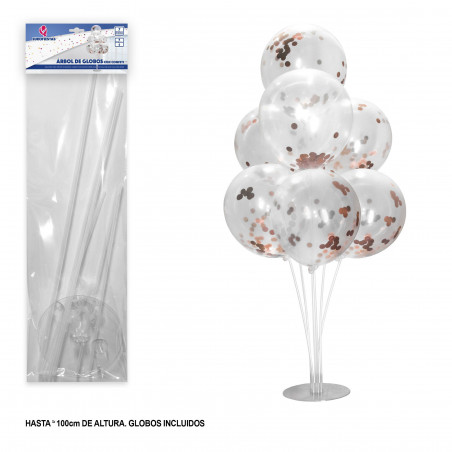 Arbol de globos con confeti oro rosa