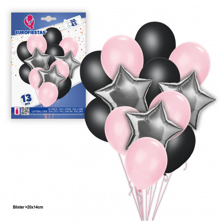 Set globos foil 13 rosa estrellas plata
