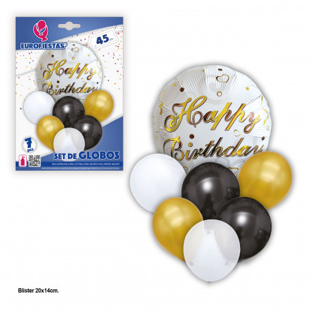 Set globos happy birthday oro negro