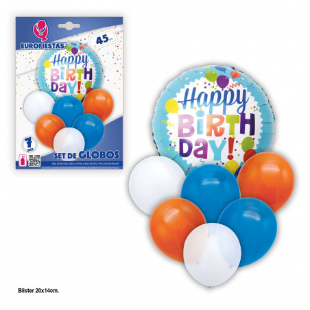 Set globos happy birthday azul naranj