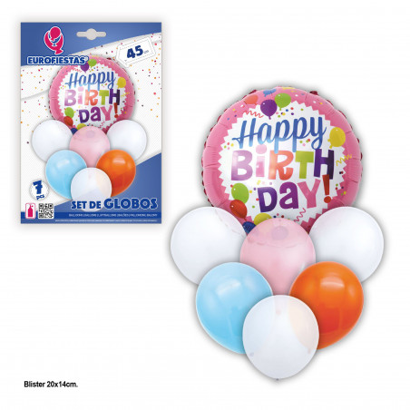 Set globos happy birthday rosa naranj
