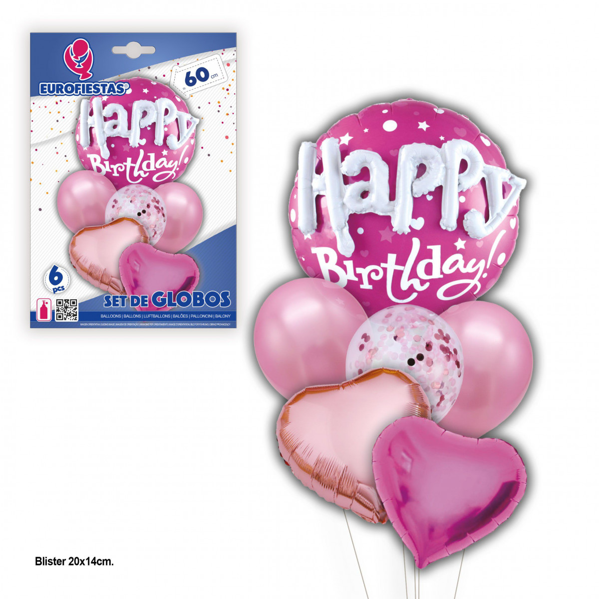 Set globos happy birthday corazones fucsia