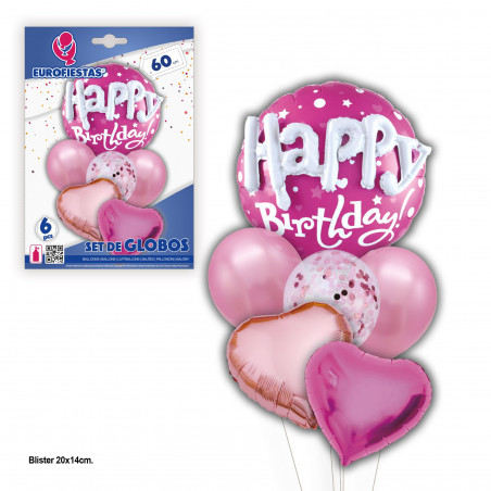 Set globos happy birthday corazones fucsia