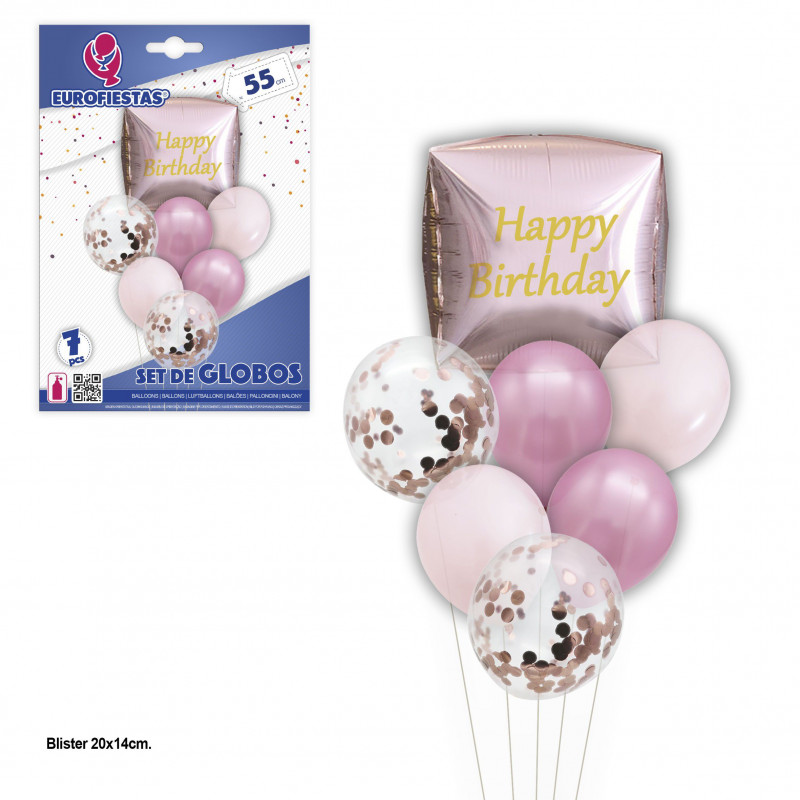 Set globos happy birthday cubo oro rosa