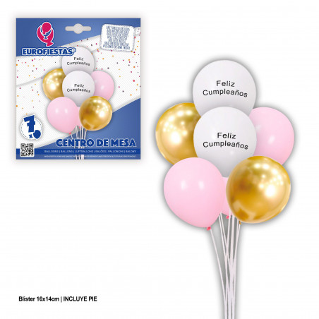 Set globos feliz cumpleaños blanco rosa oro