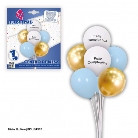 Set globos feliz cumpleaños blanco azul oro