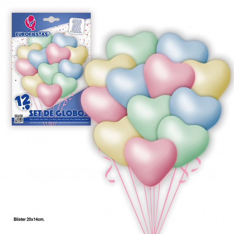 Set 12 globos corazon colores pastel