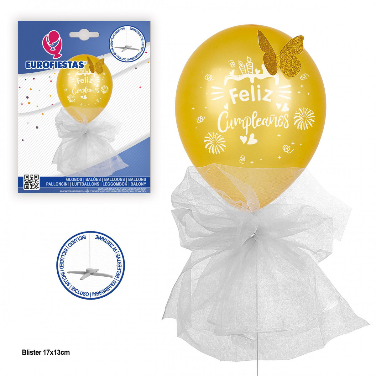 Globo feliz cumple con pie mariposa y tul oro