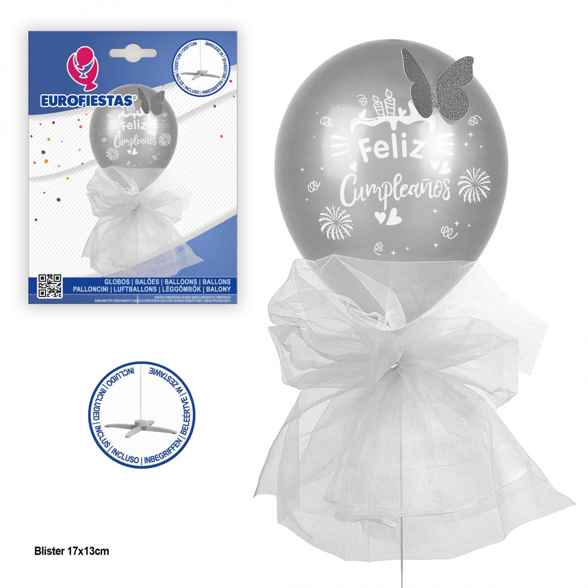 Globo feliz cumple con pie mariposa y tul plata