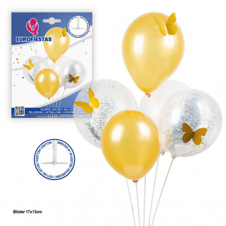 Arbol de globos con confeti y mariposas oro