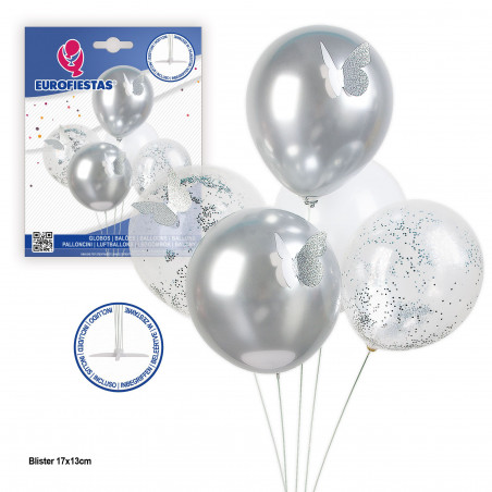 Arbol de globos con confeti y mariposas plata