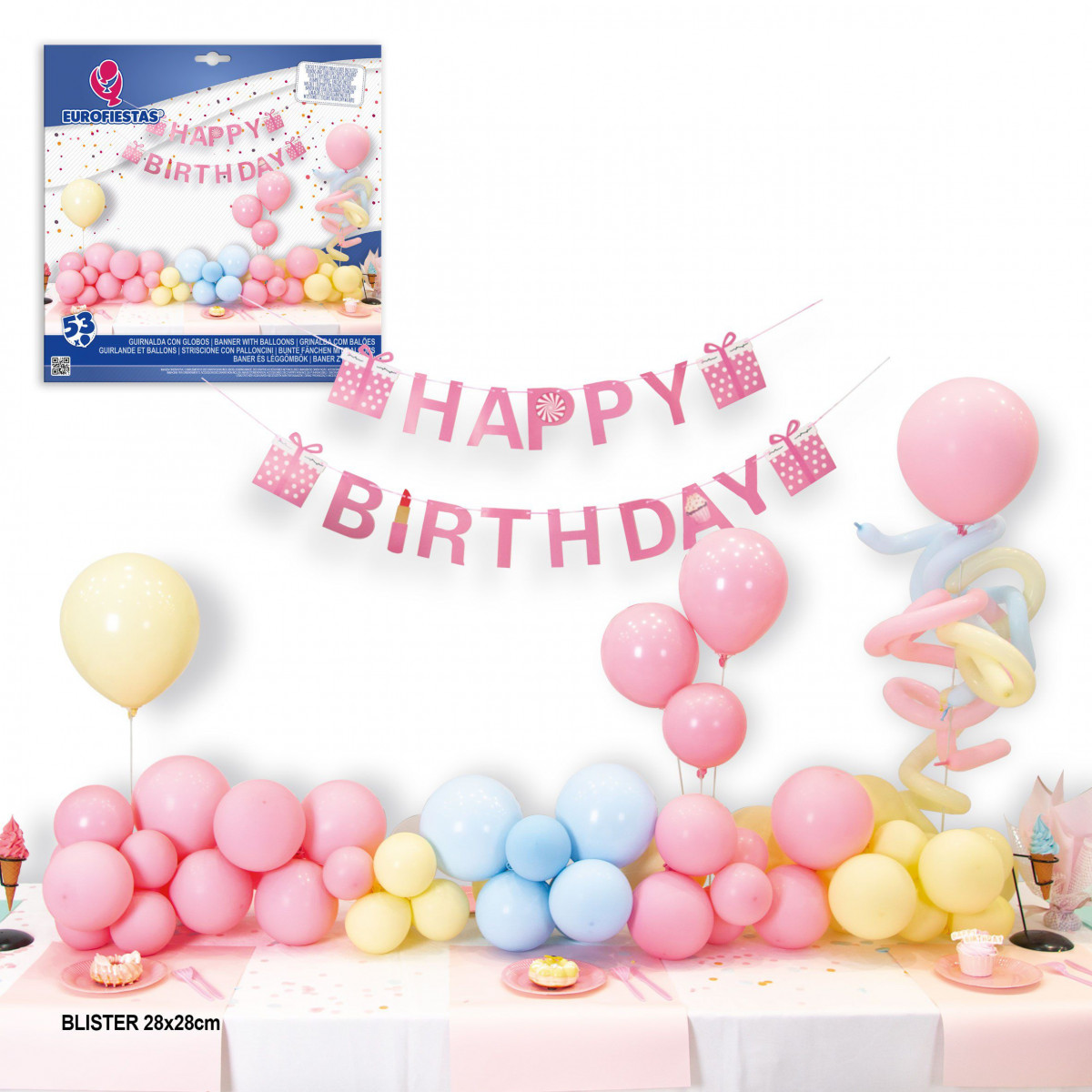Set nube de 53 globos colores pastel guirnalda happy birthday y 2 arboles