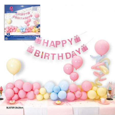 Set nube de 53 globos colores pastel guirnalda happy birthday y 2 arboles