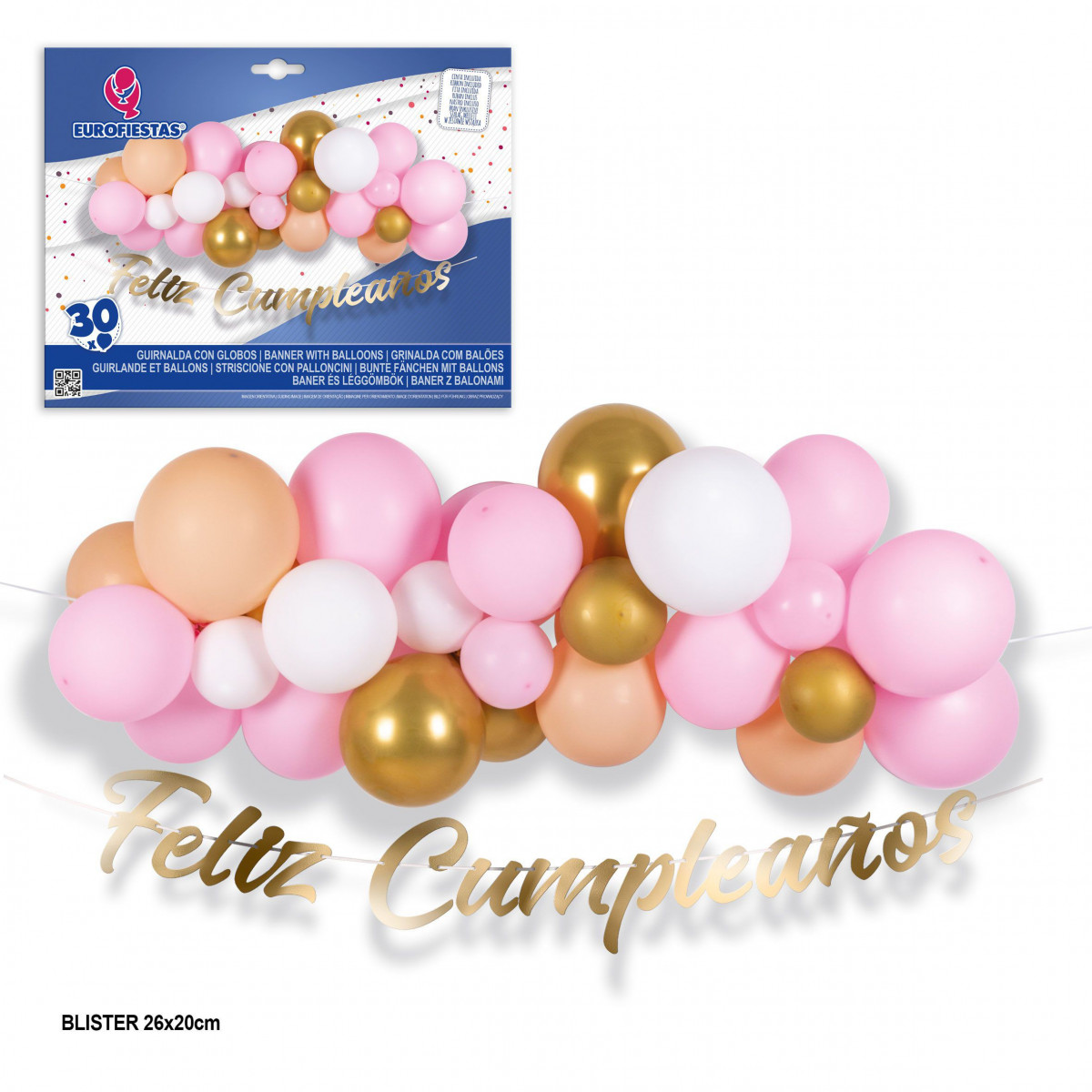 Set nube de 30 globos rosa y oro con guirnalda feliz cumpleaños oro