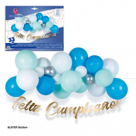 Set nube de 33 globos azul y blanco con guirnalda feliz cumpleaños oro