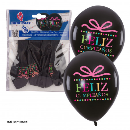 Globos 6 impresos negros feliz cumple