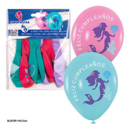 Globos 6 impresos colores feliz cumple sirena