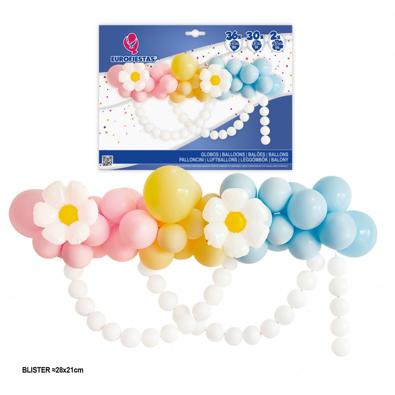 Set organico globos pastel y margaritas con cadena de globos