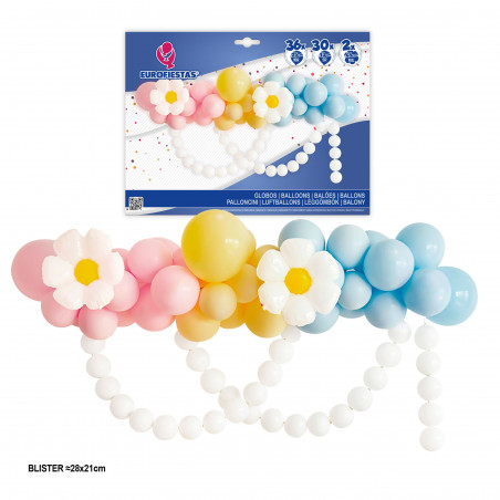 Set organico globos pastel y margaritas con cadena de globos