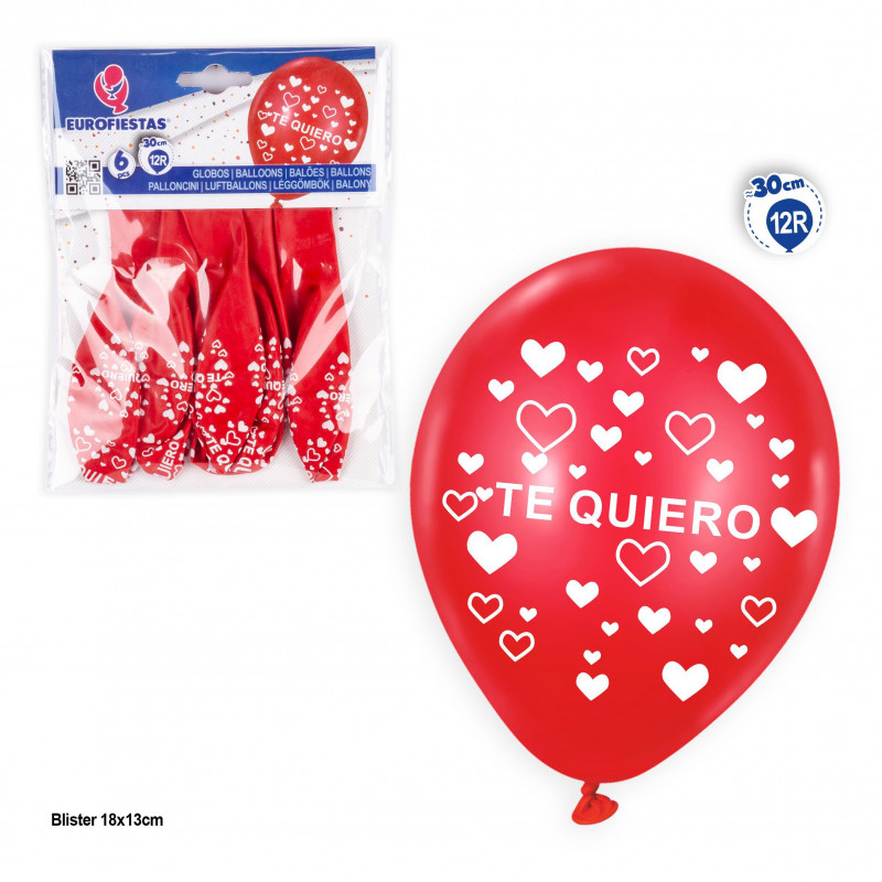 Globos 12r 6pcs rojo impreso te quiero corazones blanco